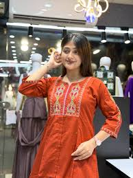 Rust Orange Embroidered Cotton Kurti Set